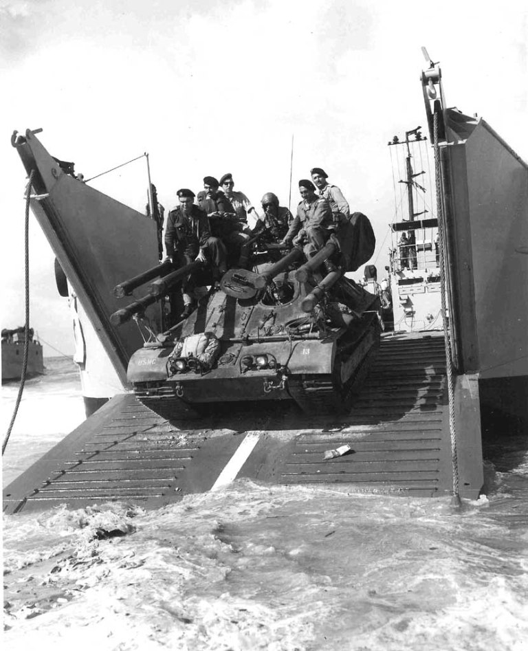 Lebanese A rmy officers riding on top of a USMC M50 Ontos landing on Byblos shores during the first joint Lebanese-American exercise held on September 10 1958. (DEFENSE DEPT. PHOTO (MARINE CORPS) A17399)